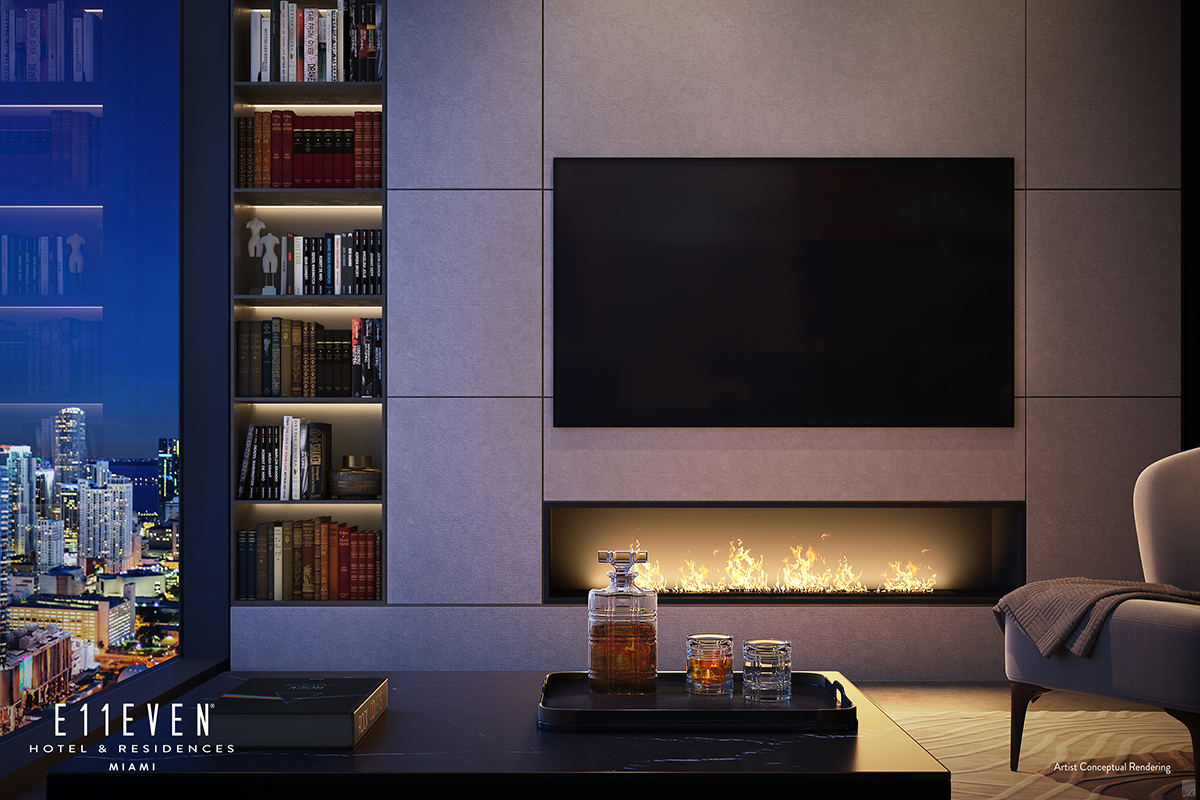 Rendering of E11EVEN Residences Miami Living Room Fireplace
