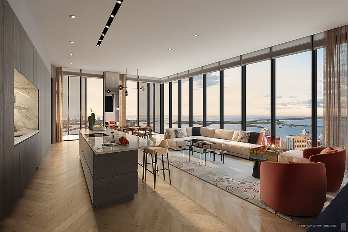 Rendering of Waldorf Astoria Residences Miami Kitchen and Living