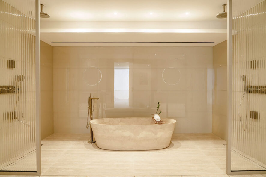 1428 Brickell Sales Gallery Travertine Soaking Tub