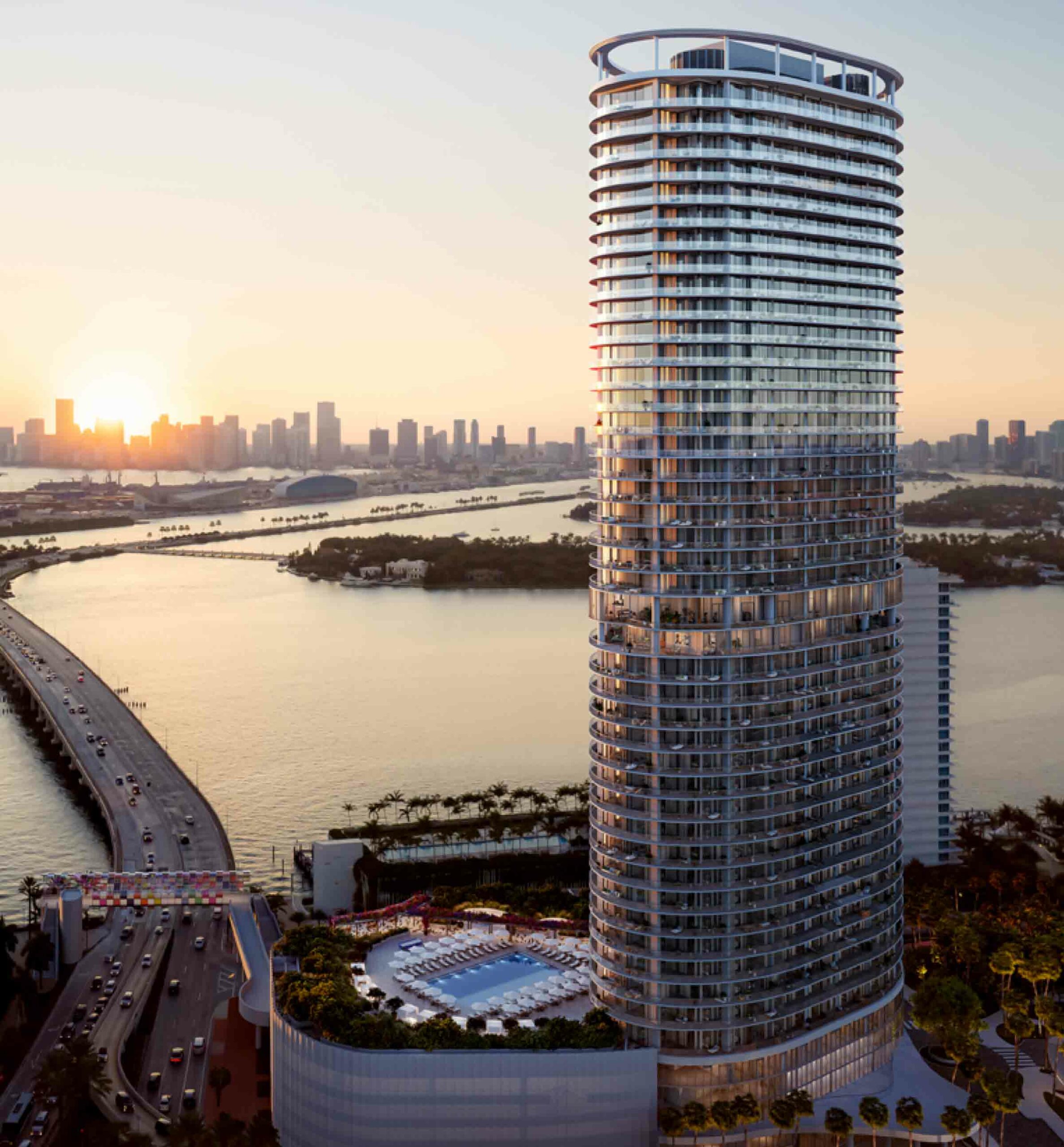 Rendering of Five Park South Beach Downtown Miami View Sunset